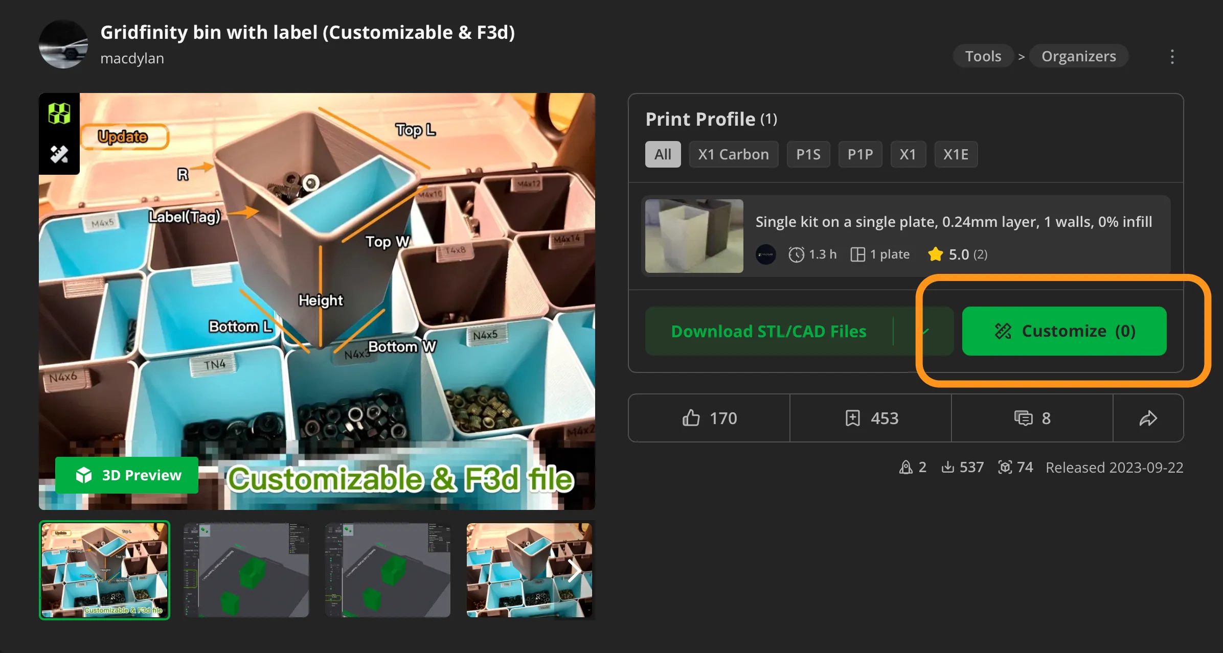 Gridfinity bin with label (Customizable & F3d) - Free 3D Print Model ...