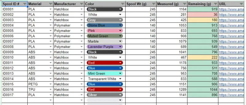 Filament Tracking With Google Sheets & QR Codes