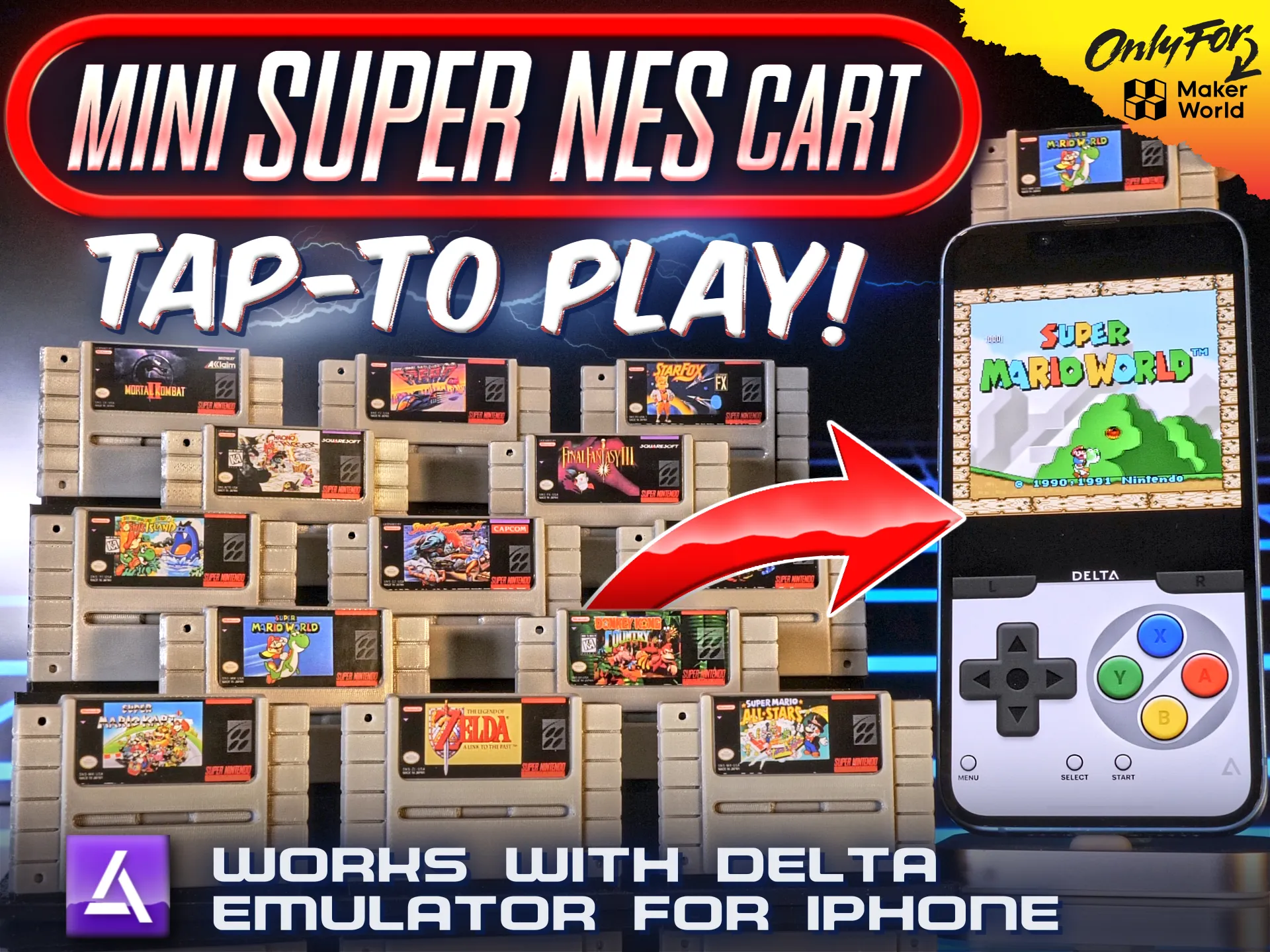 Mini Super Nintendo SNES Cartridge, Tap to play, NFC, Super Mario World, Zelda, Keychain, Mario Kart, Donkey Kong Country, Final Fantasy, Chrono Trigger, Street Fighter, F-Zero, Star Fox, Mortal Kombat, iOS, iPhone