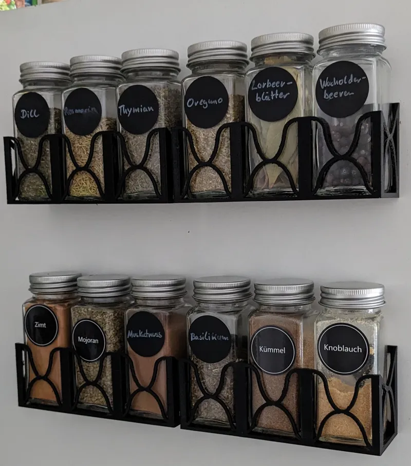 Wall mounted spice rack for square footprint bottles