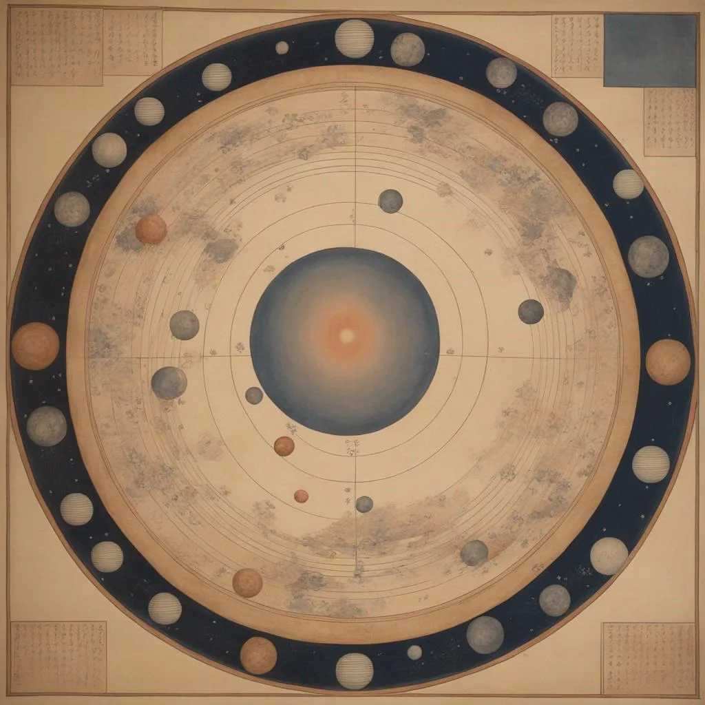  japanese nihonga painting about ancient chinese astronomy conjunction of nine planets, Nihonga, ancient japanese painting, intricate, detailed, illustrate the astronomer looking shocked and amazed as the planets begin to move and interact with each other