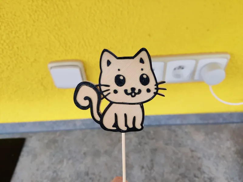 Cute flat cat on stick - flower pot decoration / cake decoration (two coloured print without AMS)