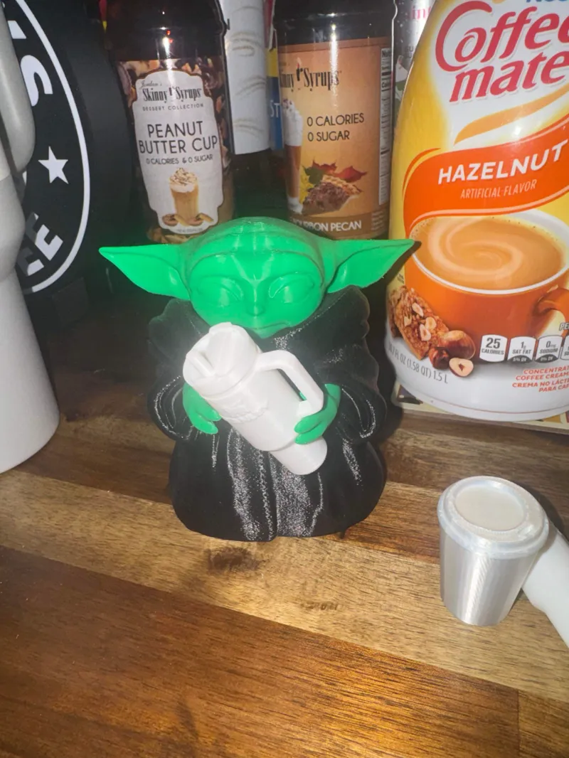 Baby Yoda with tumbler, stanley