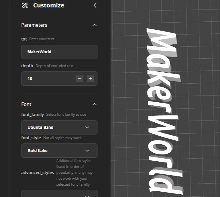 Parametric Model Maker ALL TEXT FONTS TEMPLATE