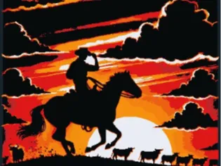 Cowboy riding sunset with cattle