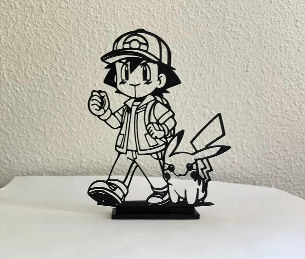 Ash and Pikachu line art by 3DPrintastica - MakerWorld