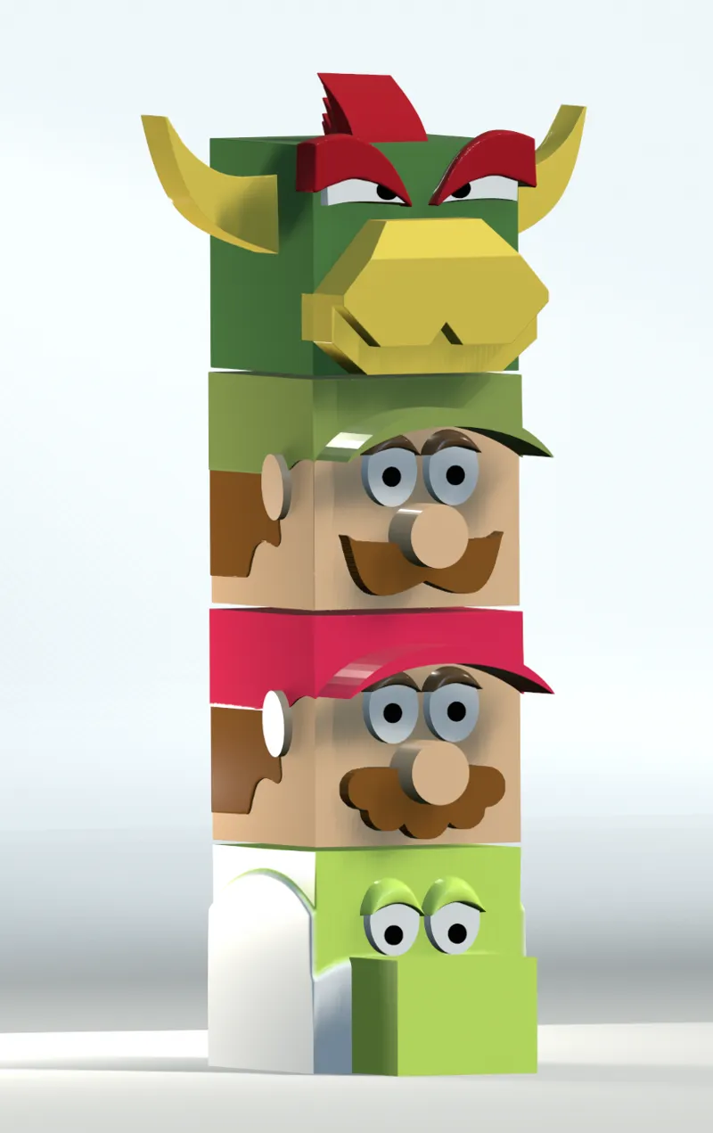 Luigi, Yoshi, Mario, Bowser totems.