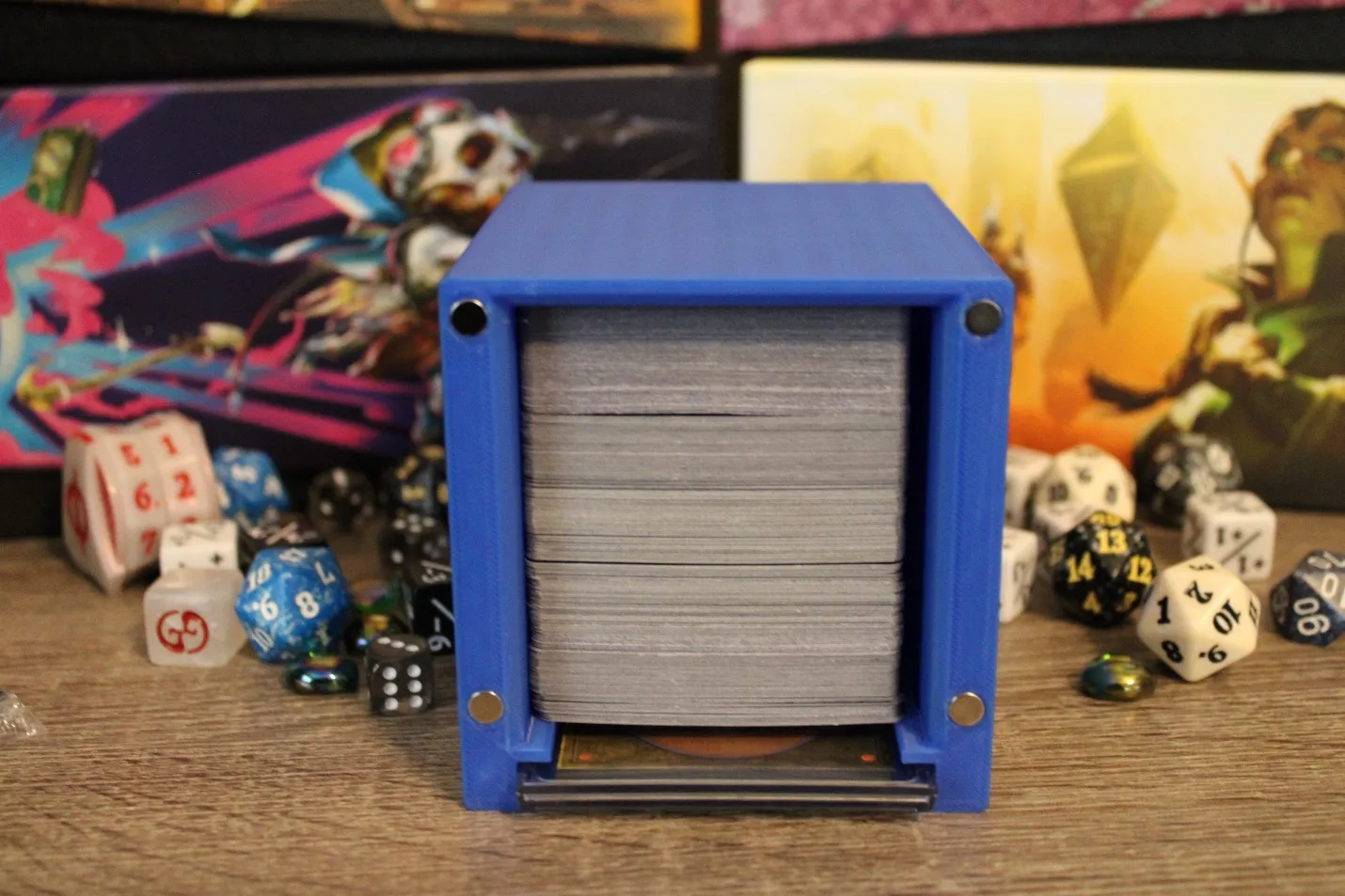 A blue box with cards in it

Description automatically generated