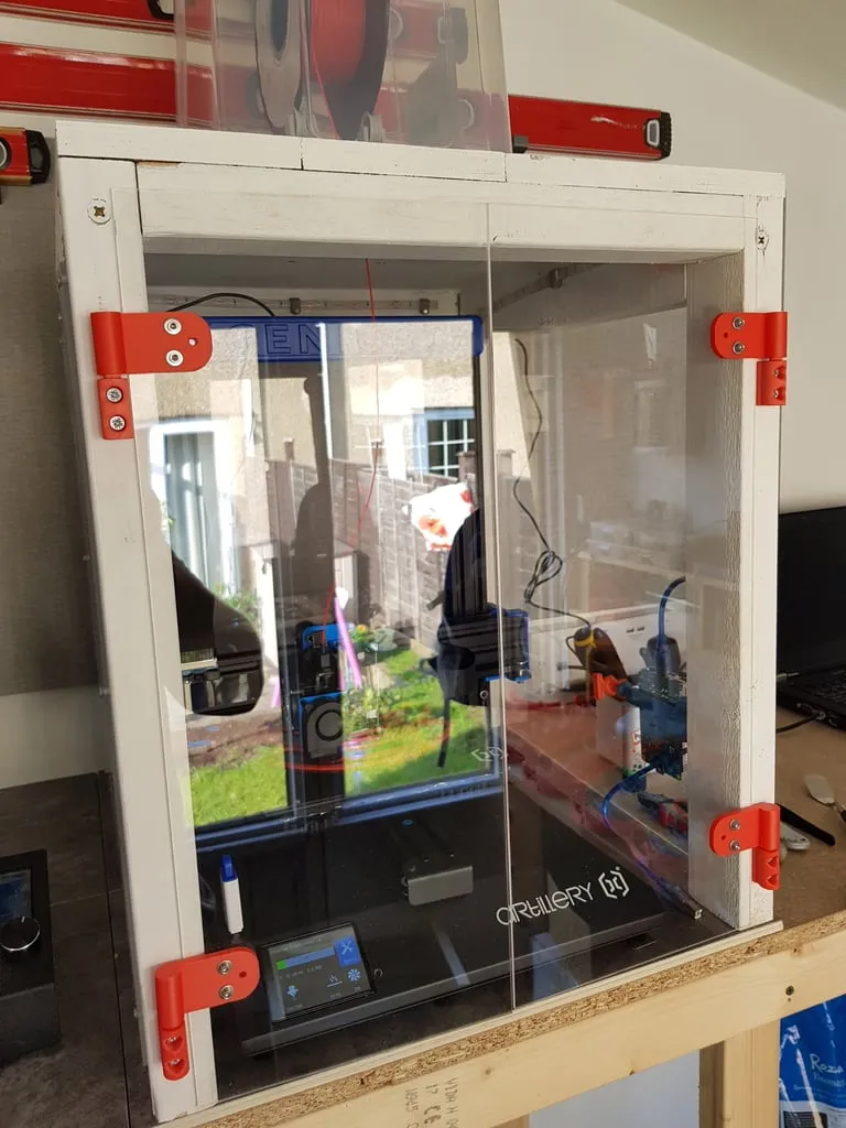 Hinge for 3D printer enclosure. Easy door removal
