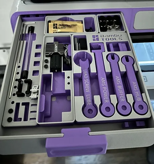 An AMS Riser drawer filled with gridfinity elements