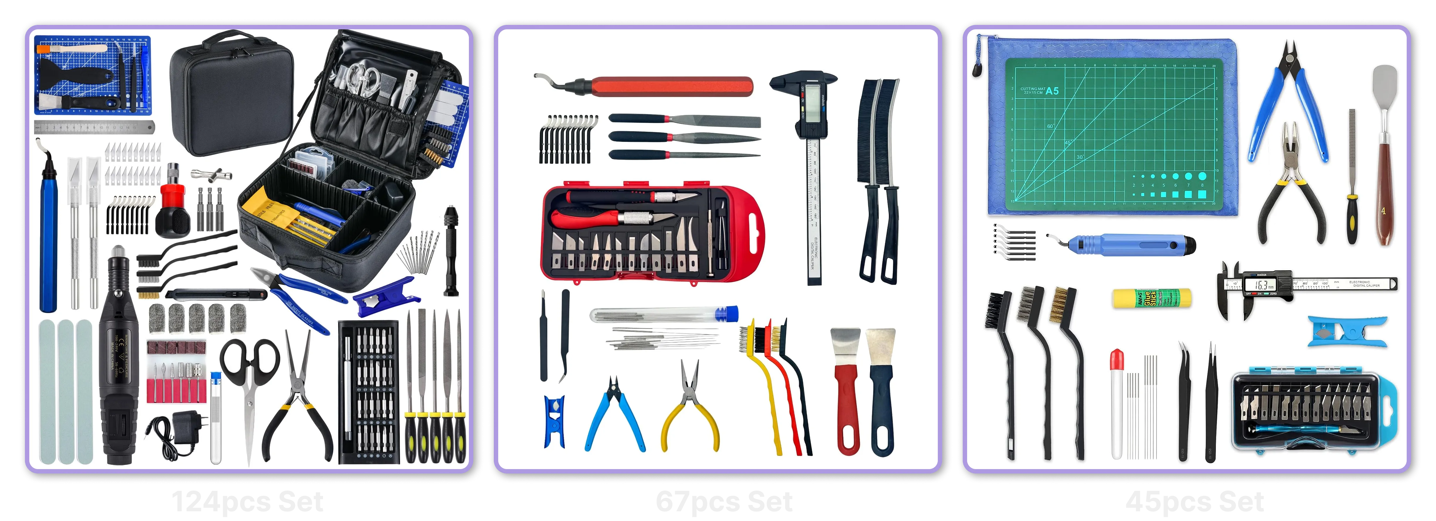 3D printer tool kit with accessories including nozzle cleaning needles, flush cutters, hobby knife, deburring tool, tweezers, screwdriver set, and other essential 3D printing tools for maintenance and cleanup.
