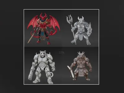 Armored weapon-wielding humanoid mythical Four Sacred Beasts, Four Divine Beasts—Four-in-one, and also individual Azure Dragon, Vermilion Bird, White Tiger, and Black Tortoise