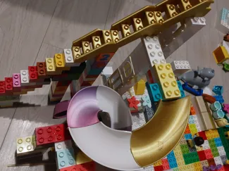 Duplo brick style, compatible slide and stairs