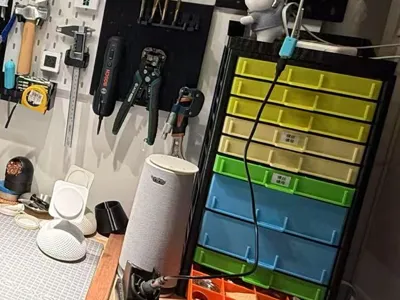 Redesigned modular stackable drawer organizer, three different compartments, reserved label positions
