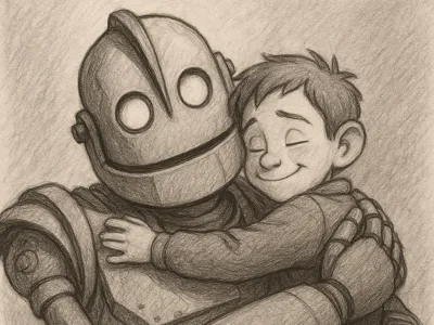 İron giant hugging Hogarth Hughes