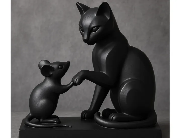 Figurine chat et souris noire moderne