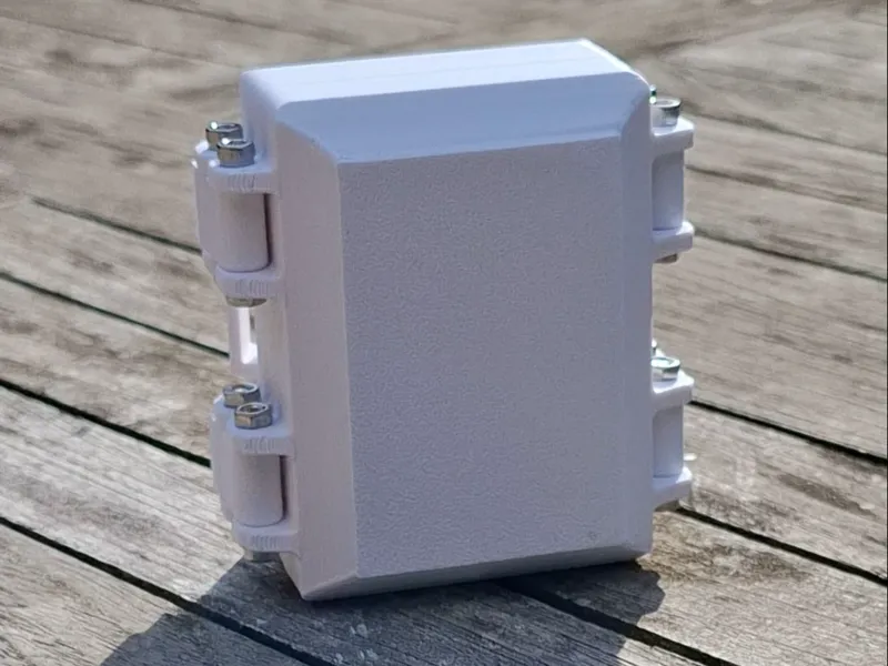 Weather-proof electronics box with hinged clasps
