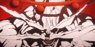 a black and white drawing of a monster with a red circle around his head
