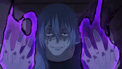 a blue haired anime character with purple glowing hands is smiling