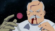 a cartoon of a man with a bloody nose holding a pink ball