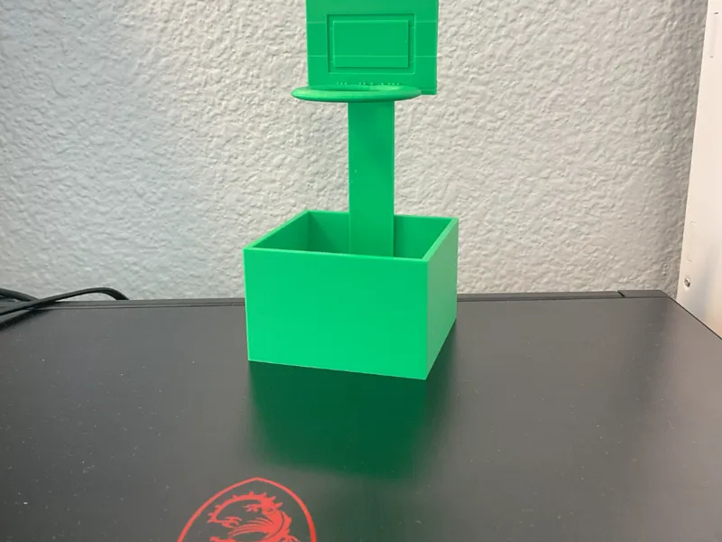 Basketball hoop and trash can for purge pieces.