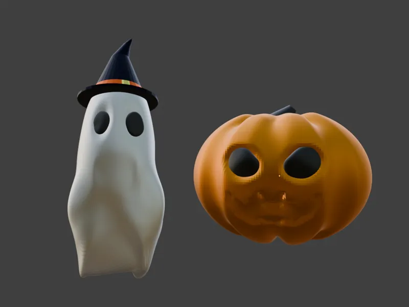 Halloween pumpkin and ghost decorative figurines.
