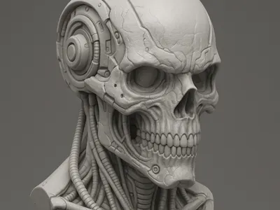 Cyborg Skull Bust Highly Detailed Model on Base