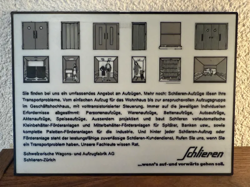 Vintage Schlieren Elevator & Wagon Ad Plaque