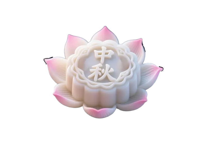 这款中秋月饼呈现精致的莲花形状，洁白的糕身上点缀粉色花瓣