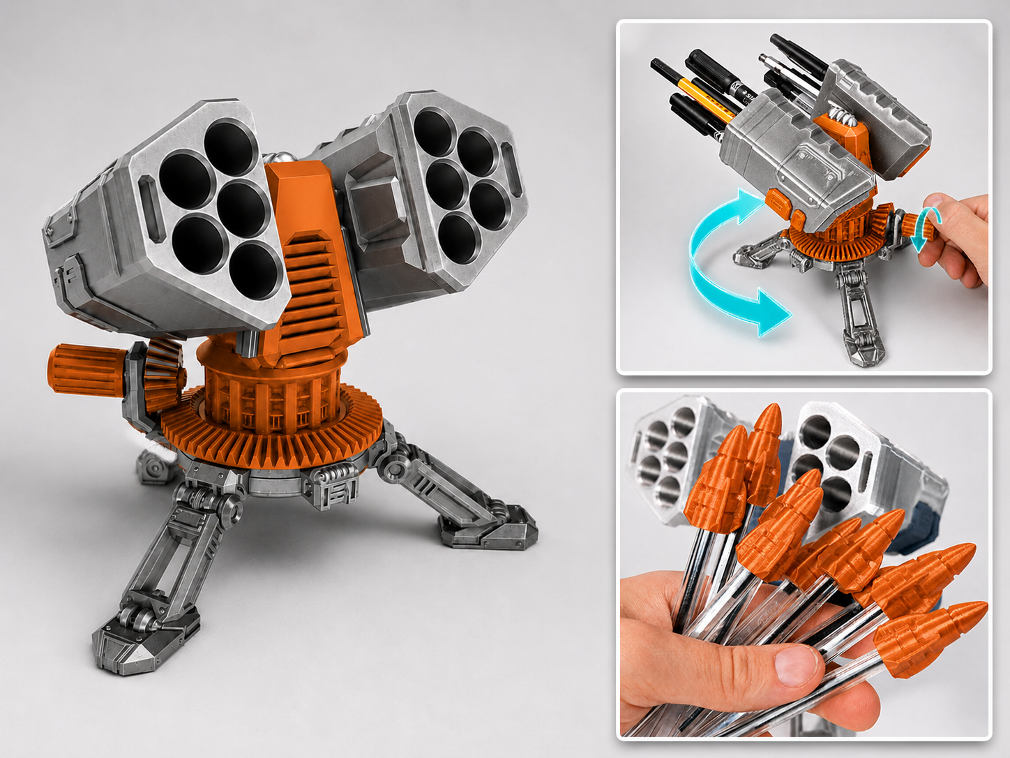 Rotating missile-launching pencil pot 
