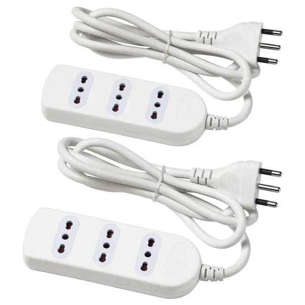 Two white KOPPLA power strips, each with a 3-socket design, safety shutters, and a 3-socket outlet. 5-meter cable.