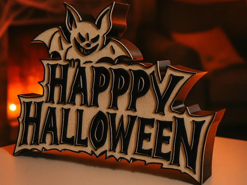 Happy Halloween Schriftzug mit Fledermaus
