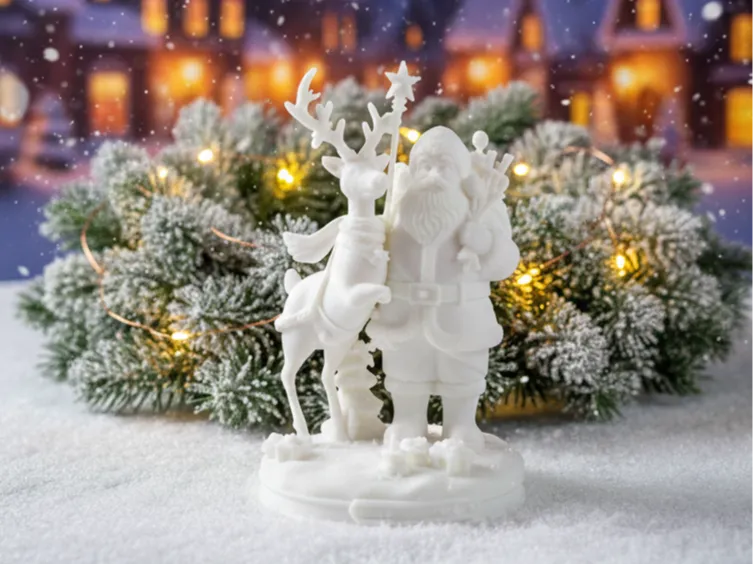 Santa Claus & Reindeer Statue - Christmas Figurine