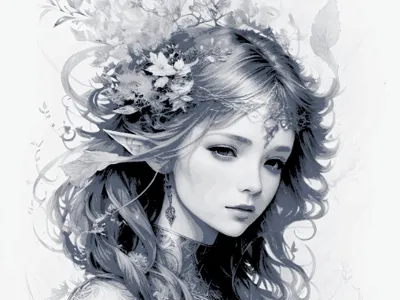 Elf Maiden Amidst Ink-Washed Floral Tendrils