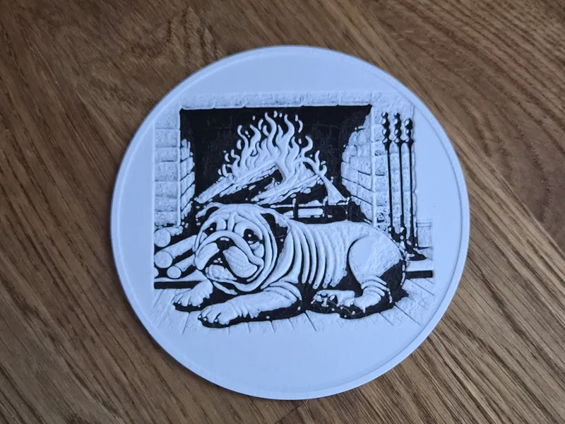 Coaster of a Bulldog Laying in Front of the fire