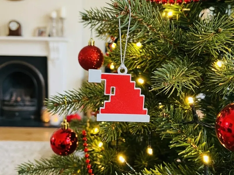 Pixel Santa Hat Ornament – Two-Color Print
