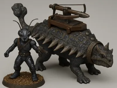 Dinosaur rider with scifi antsman