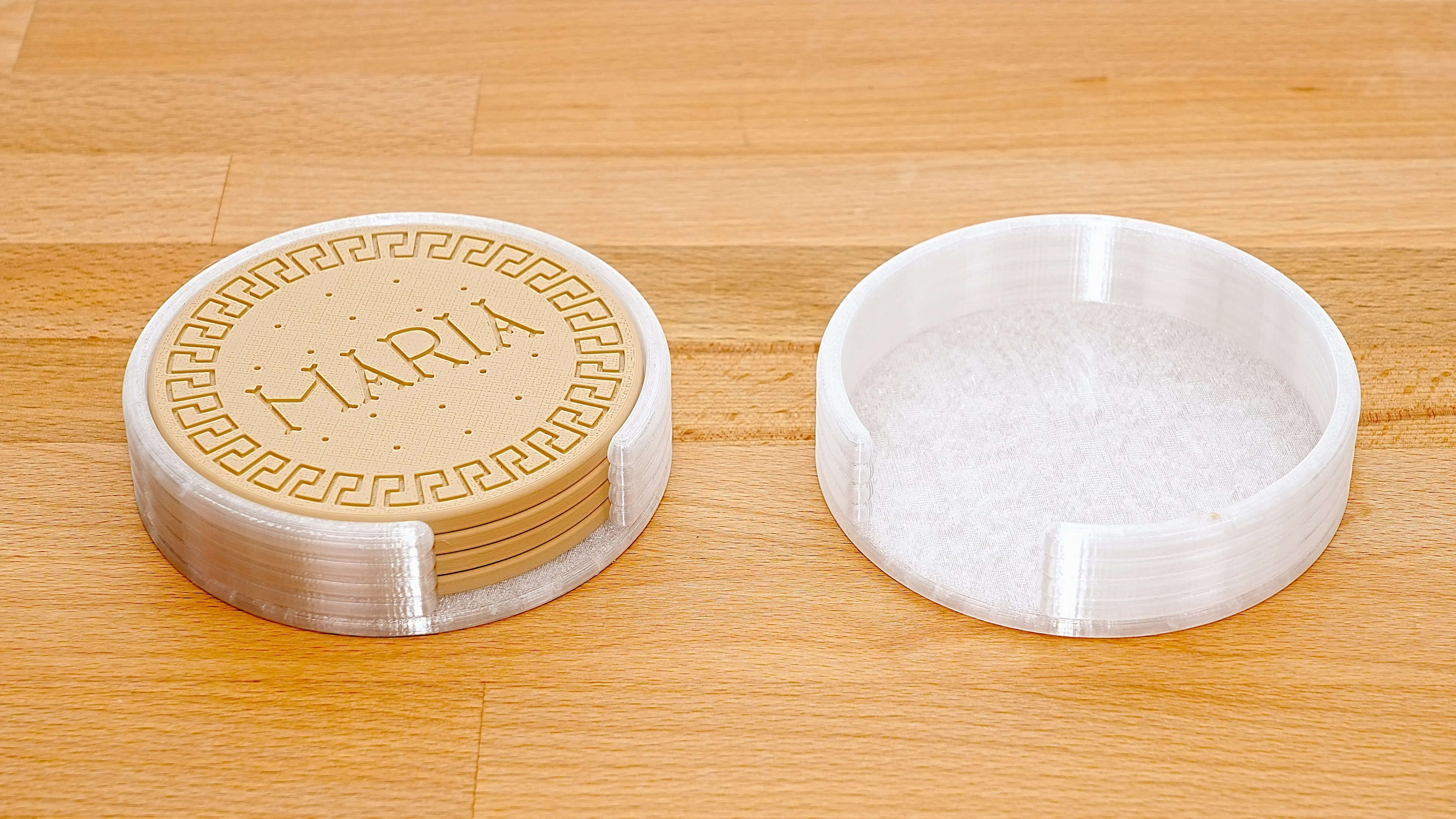 The Maria Biscuit Coaster with the Ribbed Coaster Stand. Printed beautifully in Bambu Lab Clear Translucent PETG.