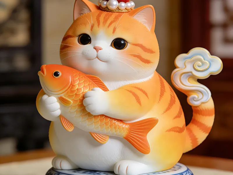 抱鱼的招财胖橘猫