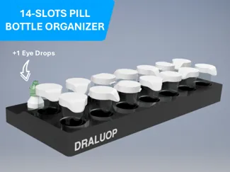 14-Slot Pill Bottle Organizer + Eye Drops Holder