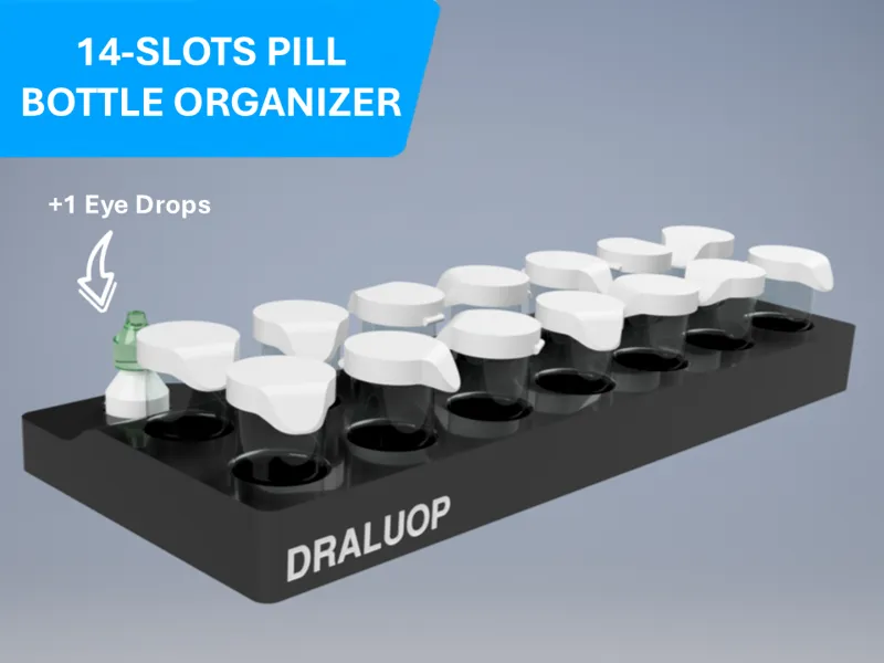 14-Slot Pill Bottle Organizer + Eye Drops Holder