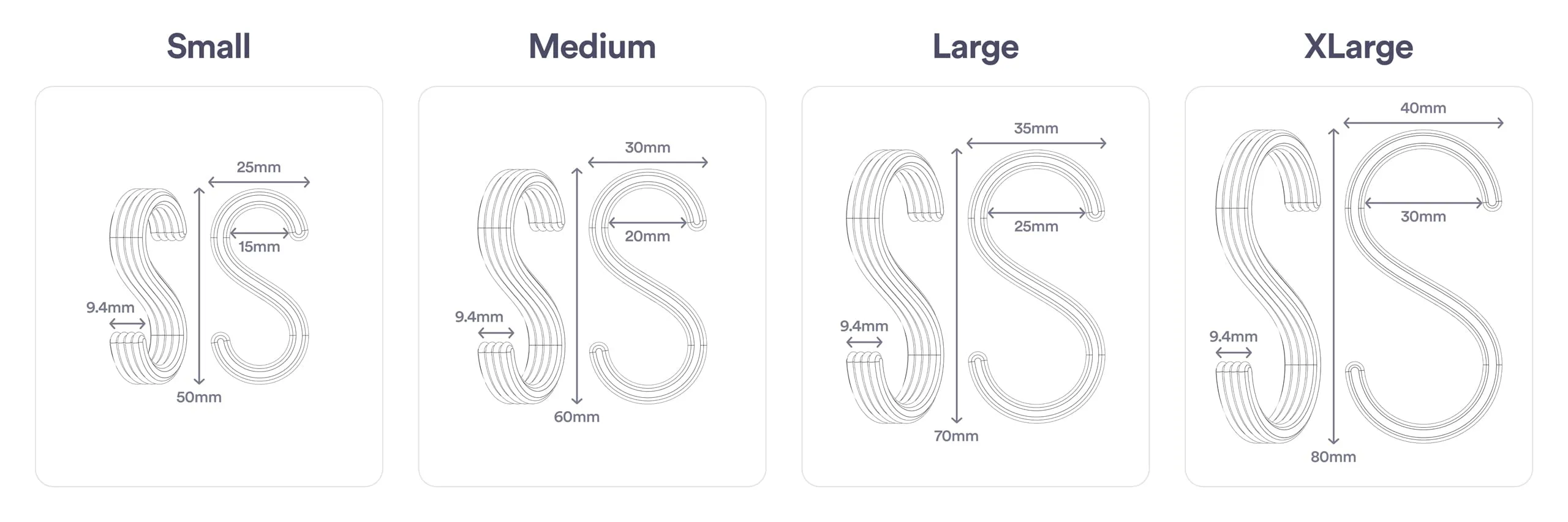 Hook Sizes - Small, Medium, Large, XLarge