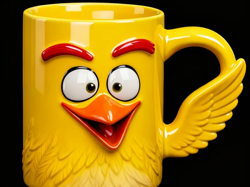 Yellow bird-themed mug with face.