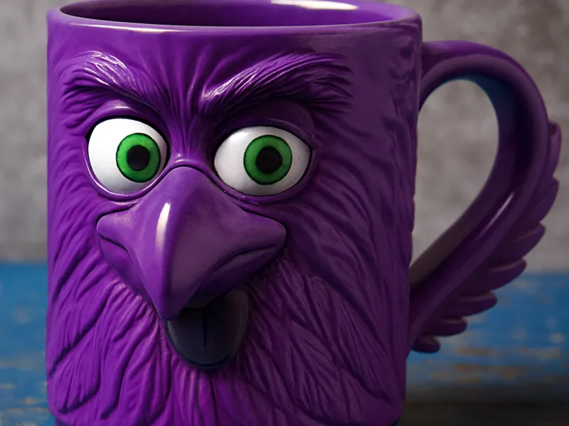 Purple bird-faced mug. 