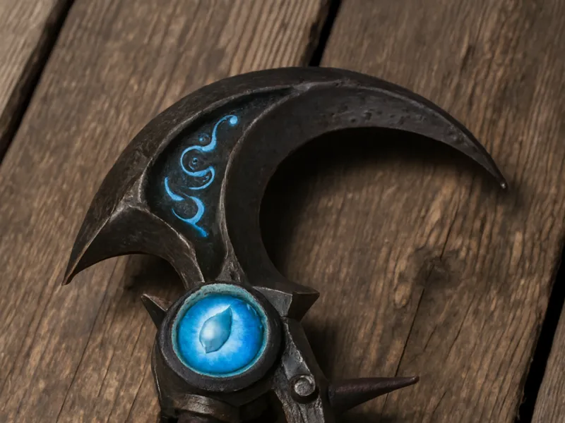 ornate curved dagger with blue gem.
