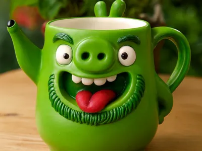 Green pig-faced mug with features. 