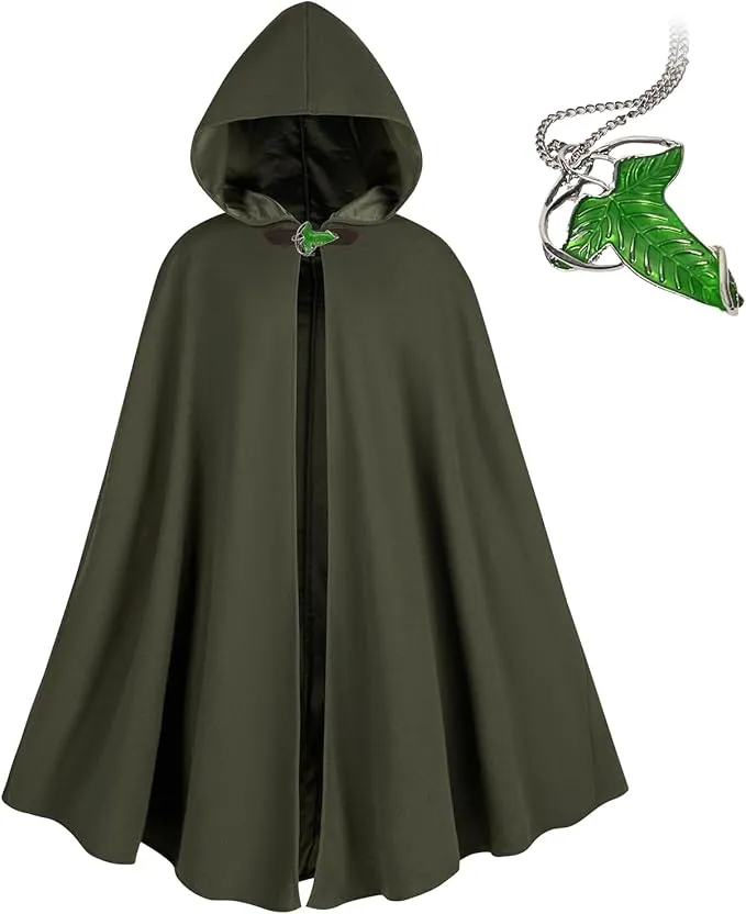 Medieval Costume Cloak with hood men Adult Renaissance Hooded Cloak with Green Leaf Brooch Necklace