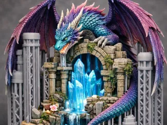 Dragón místico en cascada de cristales