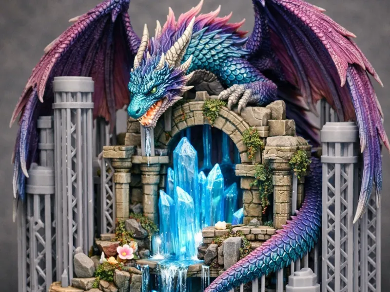 Dragón místico en cascada de cristales