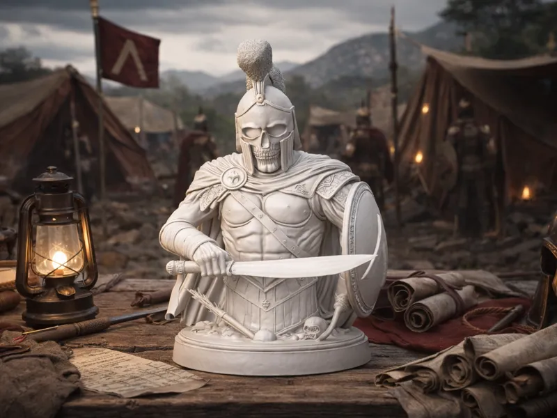 Spartan Warrior Bust with Helmet, Shield and Sword